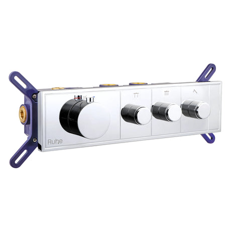 Aurora 3-Function Brass Concealed Thermostatic Diverter in Chrome, front view with the thermostatic handle and 3 outlet knobs