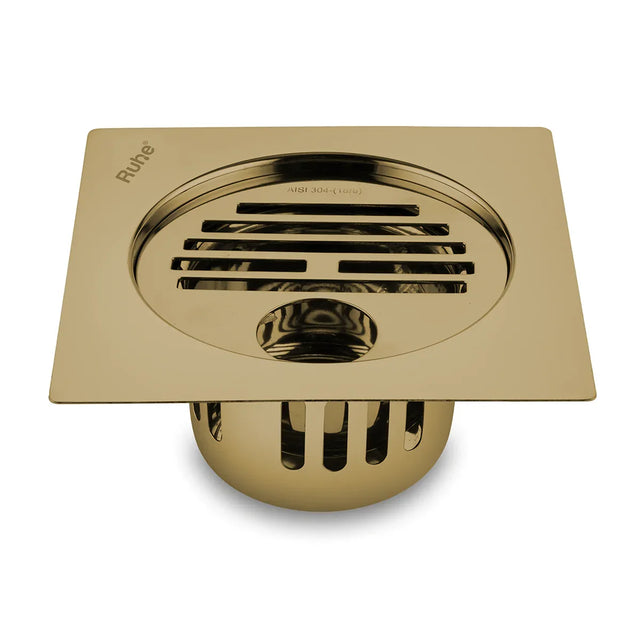 Classic Square Flat Cut Floor Drain in Yellow Gold PVD Coating (6 x 6 Inches) with Hole