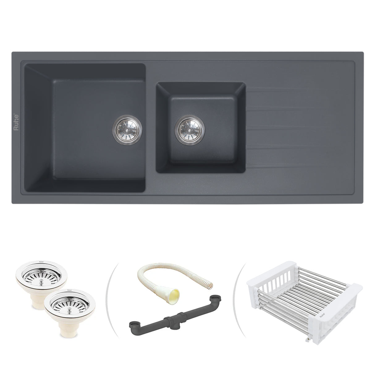 Quartz Double Bowl with Drainboard Kitchen Sink - Smoke Grey (45 x 20 x 9 inches) - by Ruhe