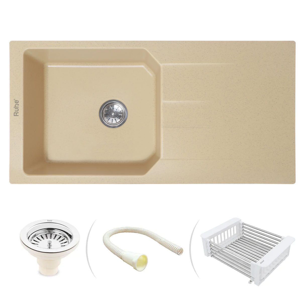 Quartz Single Bowl with Drainboard Kitchen Sink - Sand Choco (39 x 20 x 9 inches) - by Ruhe