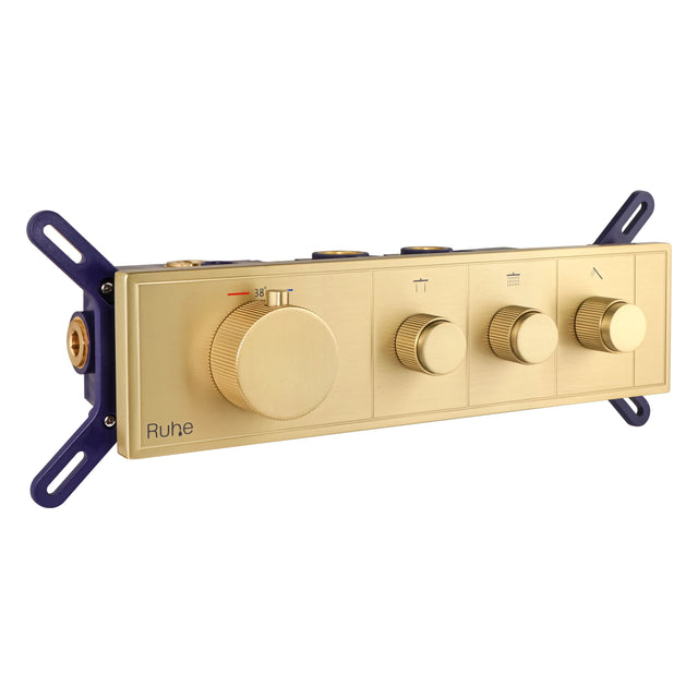 Aurora 3-Function Brass Concealed Thermostatic Diverter in Yellow Gold, front view with the thermostatic handle and 3 outlet knobs