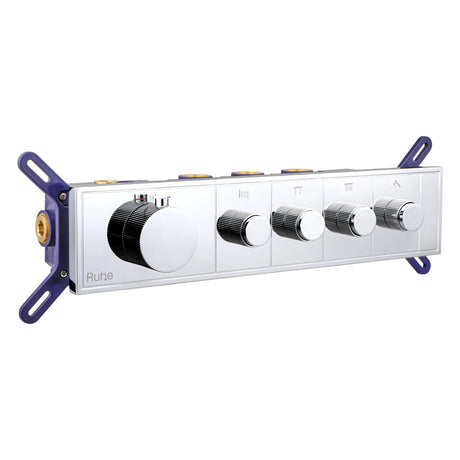 Aurora 4-Function Brass Concealed Thermostatic Diverter in Chrome, front view with the thermostatic handle and 4 outlet knobs