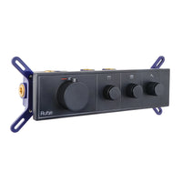 Aurora 3-Function Brass Concealed Thermostatic Diverter in Matt Black, front view with the thermostatic handle and 3 outlet knobs