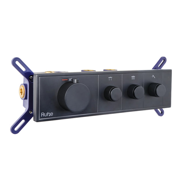 Aurora 3-Function Brass Concealed Thermostatic Diverter in Matt Black, front view with the thermostatic handle and 3 outlet knobs