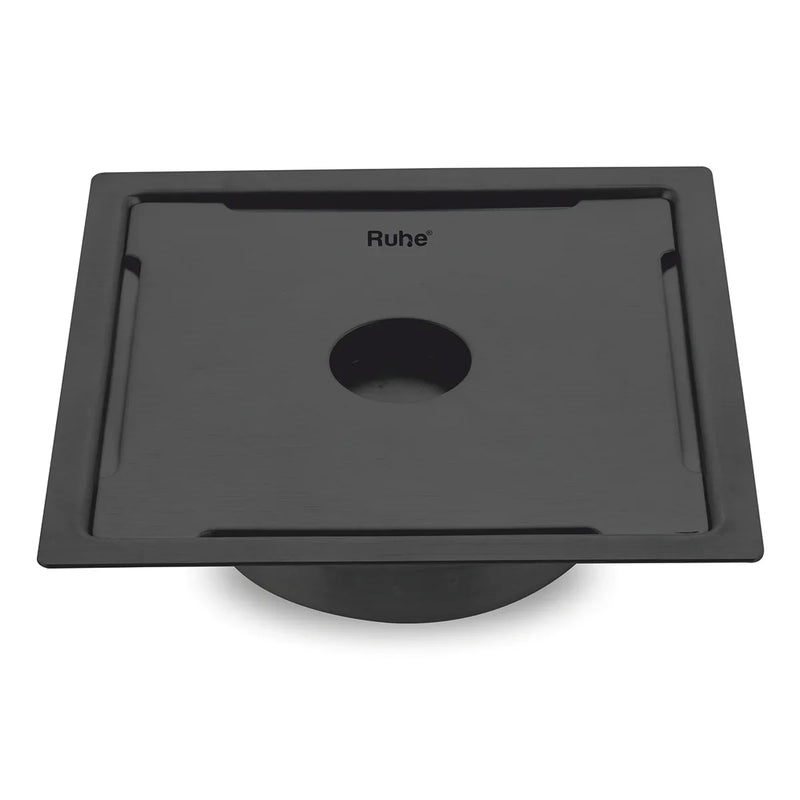 Diamond Square Flat Cut Floor Drain in Black PVD Coating (6 x 6 Inches) with Hole - by Ruhe