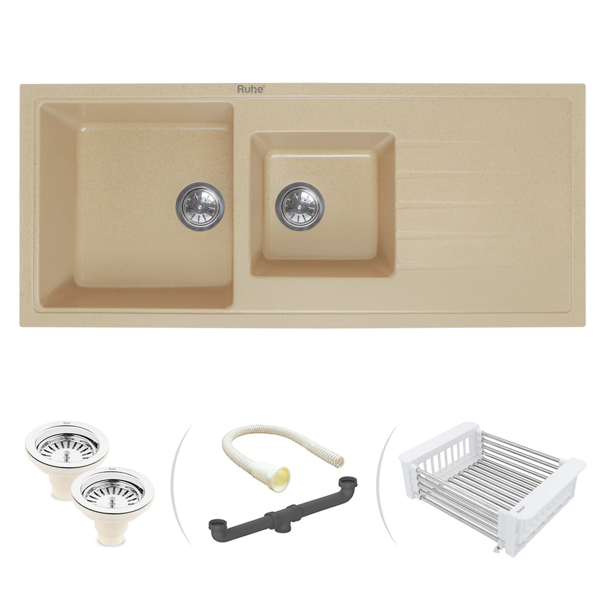 Quartz Double Bowl with Drainboard Kitchen Sink - Sand Choco (45 x 20 x 9 inches) - by Ruhe®