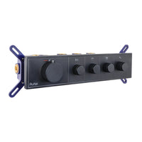 Aurora 4-Function Brass Concealed Thermostatic Diverter in Matt Black, front view with the thermostatic handle and 4 outlet knobs