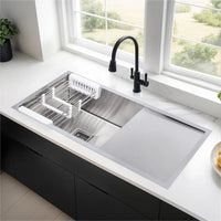 Handmade Stainless Steel Single Bowl Kitchen Sink with Drainboard (37 x 18 x 10 Inches) – Matt Steel