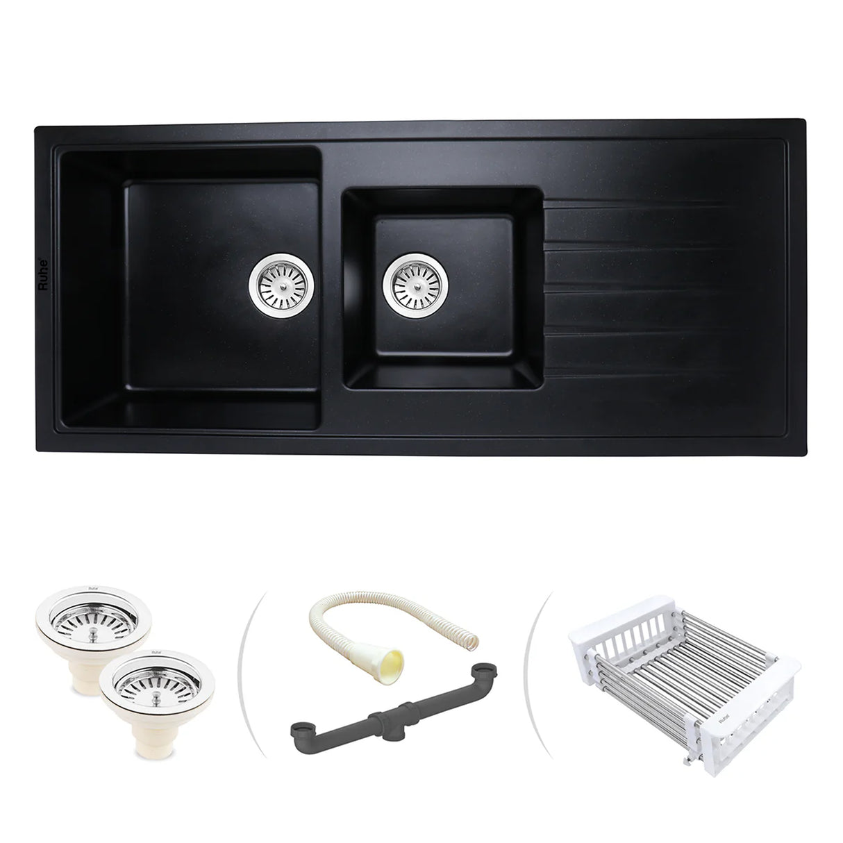 Quartz Double Bowl with Drainboard Kitchen Sink - Matte Black (45 x 20 x 9 inches) - by Ruhe