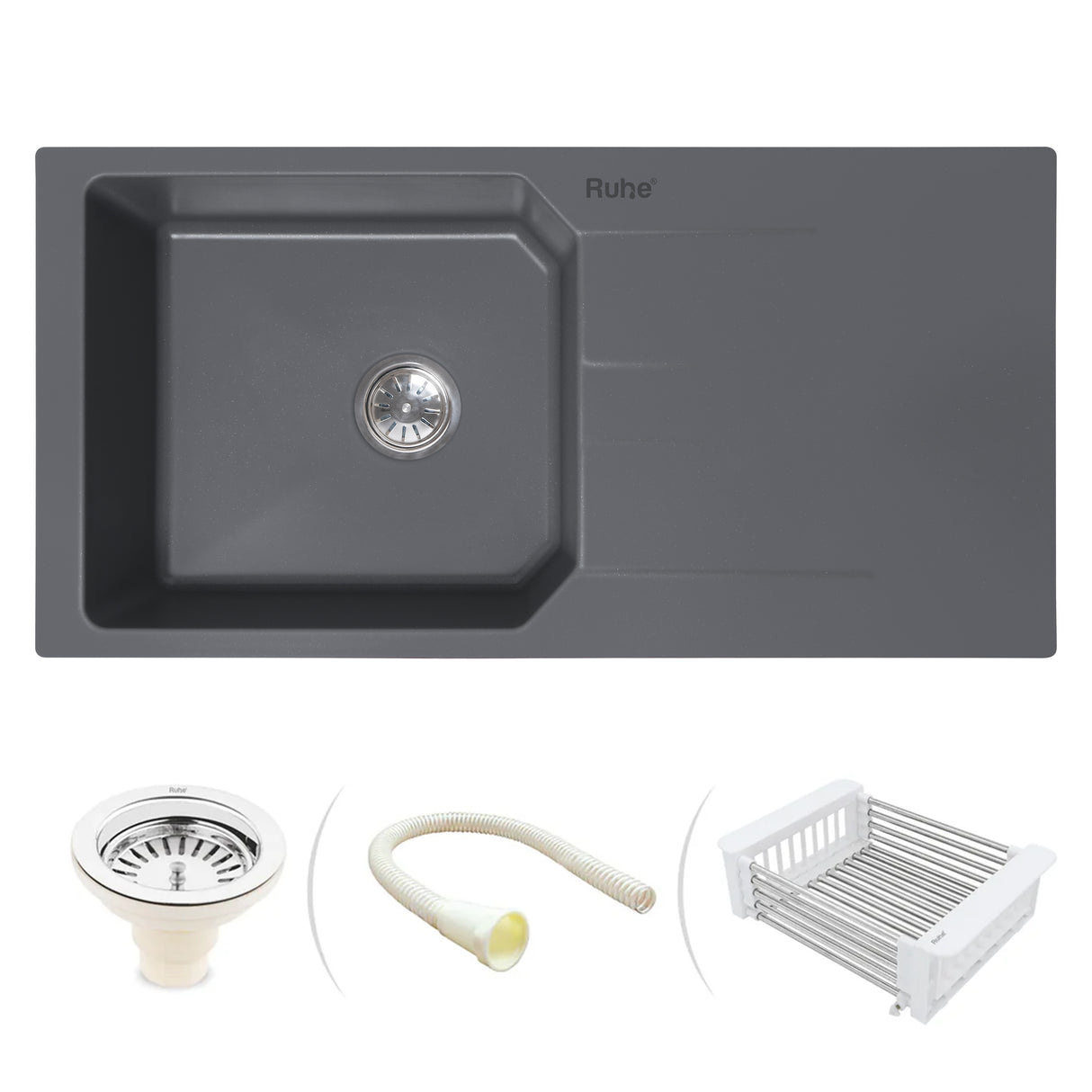 Quartz Single Bowl with Drainboard Kitchen Sink - Smoke Grey (39 x 20 x 9 inches) - by Ruhe®