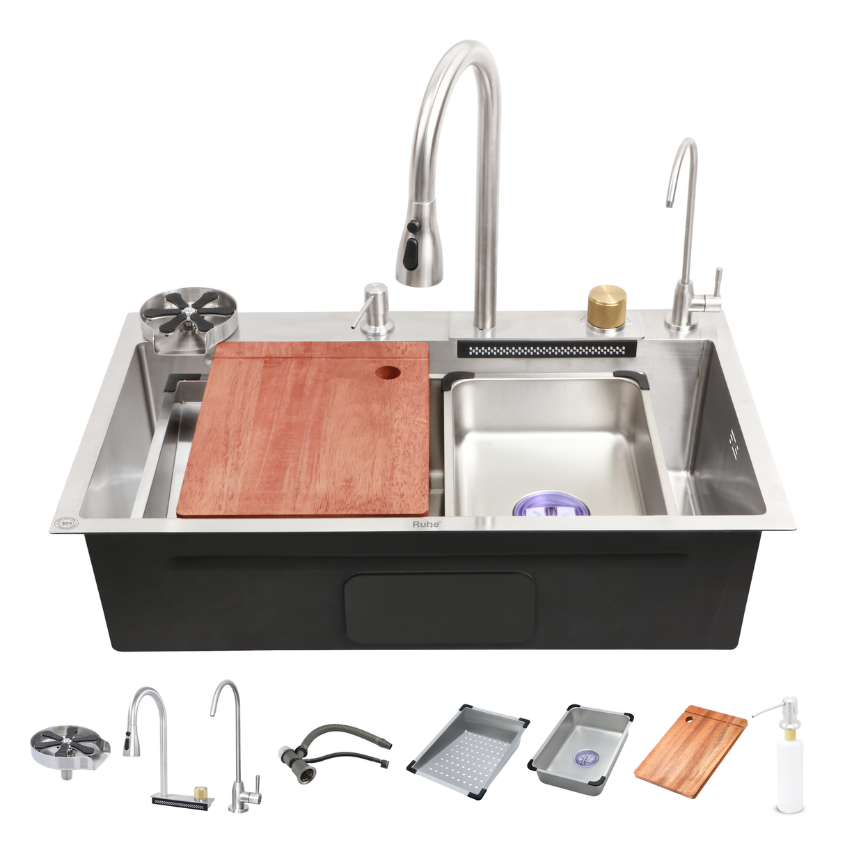 Nano Silver 304-Grade Kitchen Sink with Integrated Waterfall, Pull-Out & RO Faucet (30 x 18 x 9 Inches)  - by Ruhe