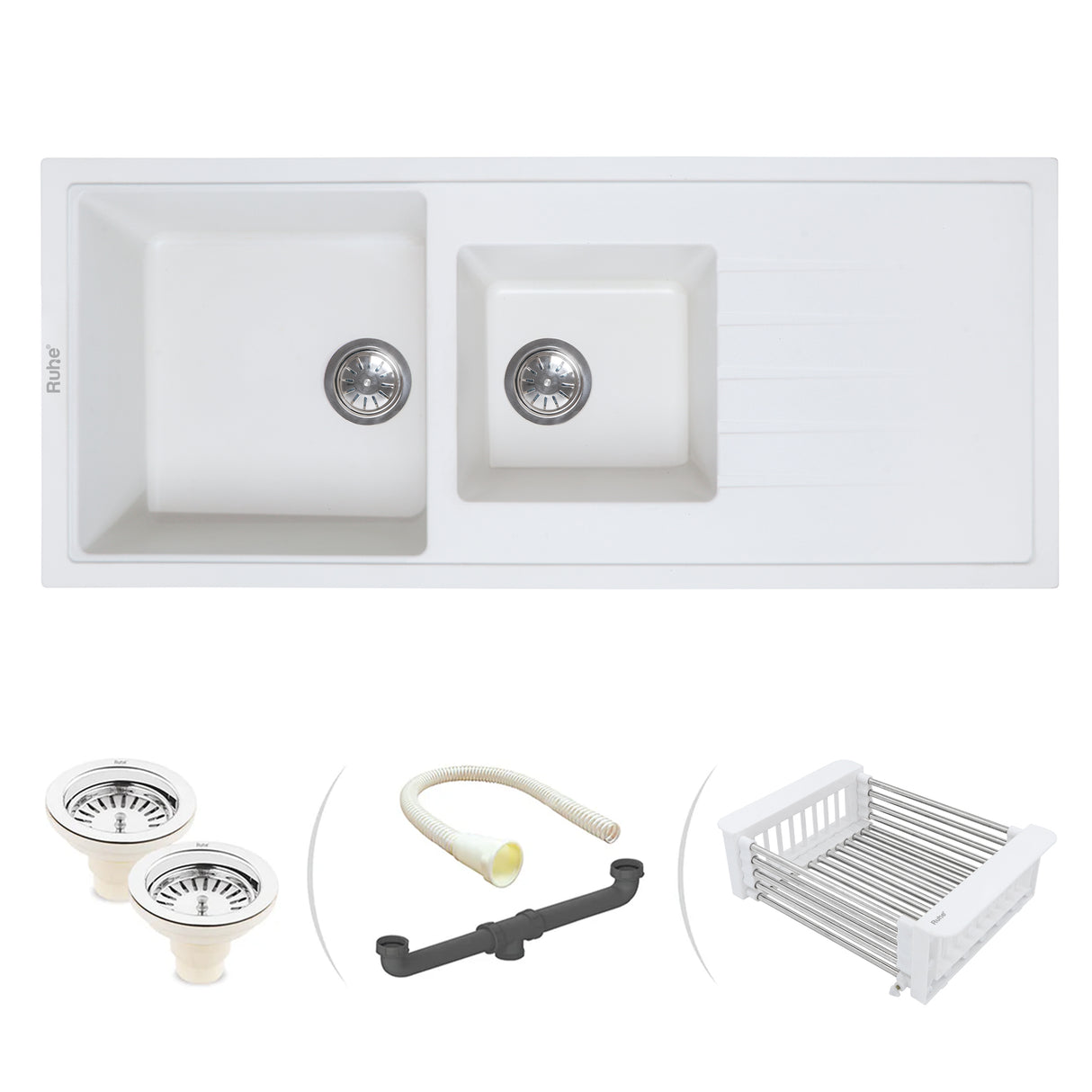 Quartz Double Bowl with Drainboard Kitchen Sink - Crystal White (45 x 20 x 9 inches) - by Ruhe®