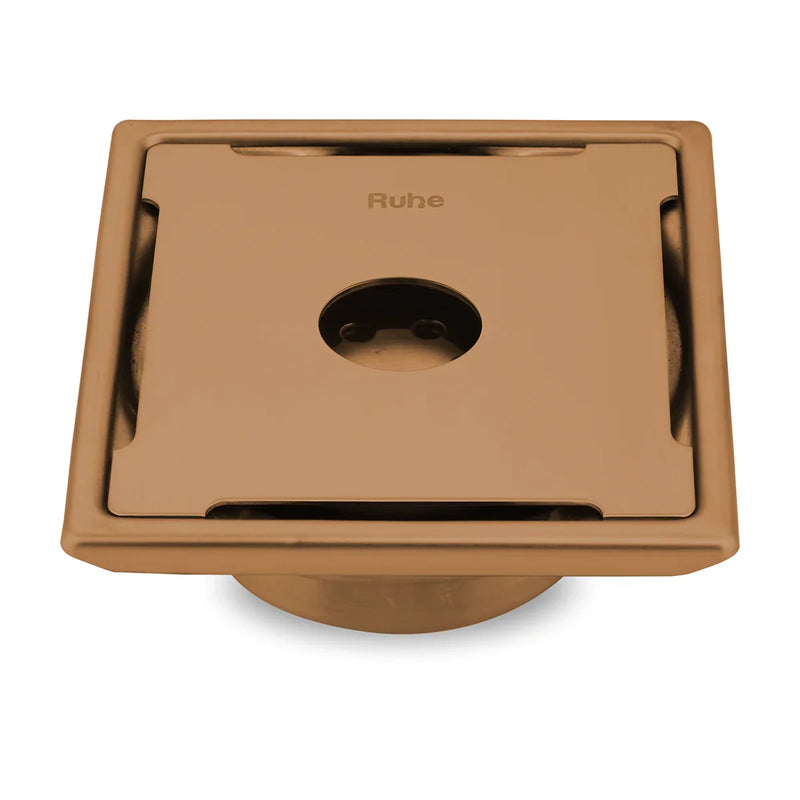 Diamond Square Flat Cut Floor Drain in Antique Copper PVD Coating (6 x 6 Inches) with Hole - by Ruhe