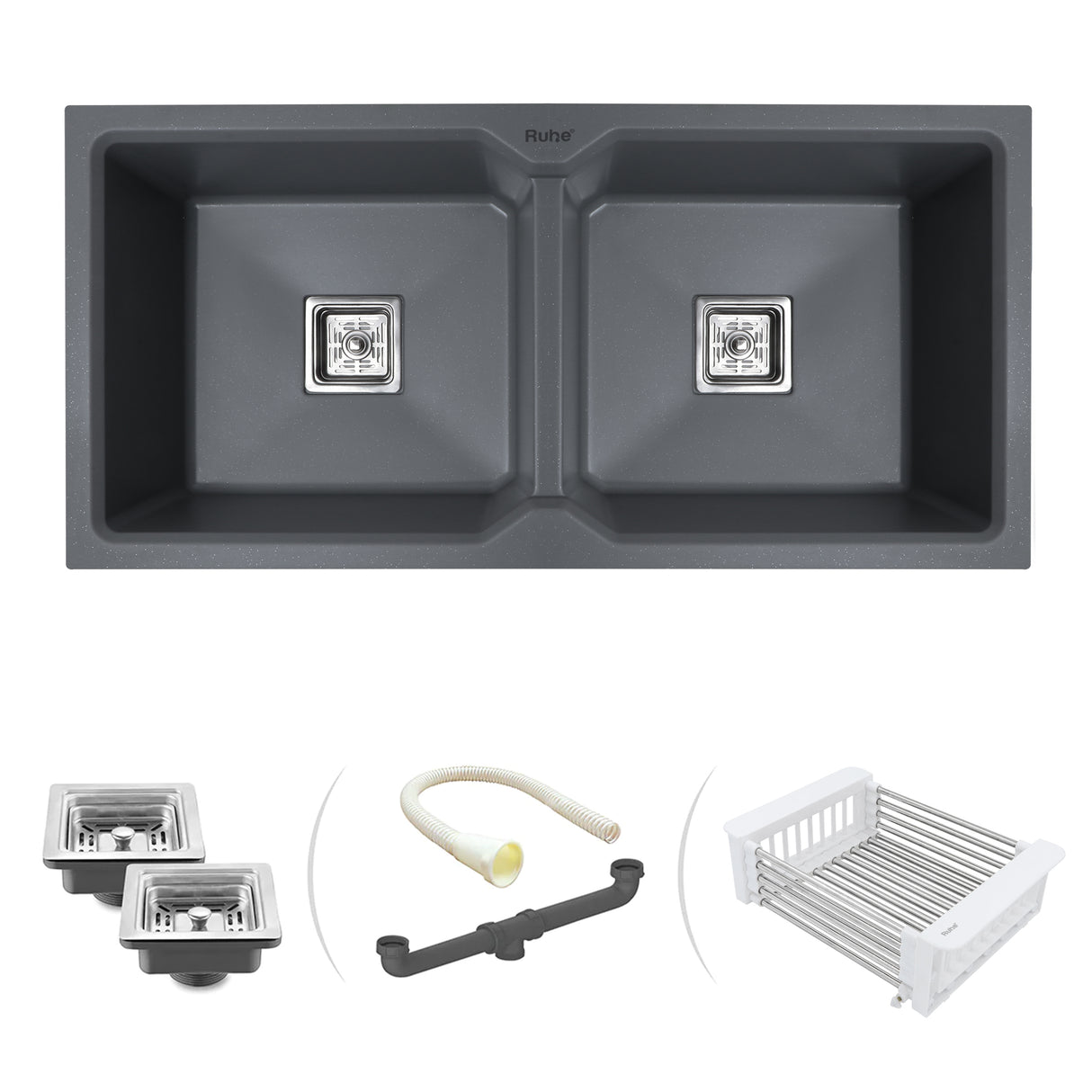 Quartz Double Bowl Kitchen Sink - Smoke Grey (37 x 18 x 9 inches) - by Ruhe