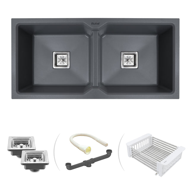 Quartz Double Bowl Kitchen Sink - Smoke Grey (37 x 18 x 9 inches)