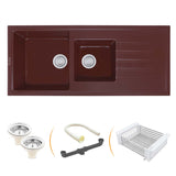 Choco Brown Quartz Double Bowl with Drainboard  Kitchen Sink (45 x 20 x 9 inches) - by Ruhe