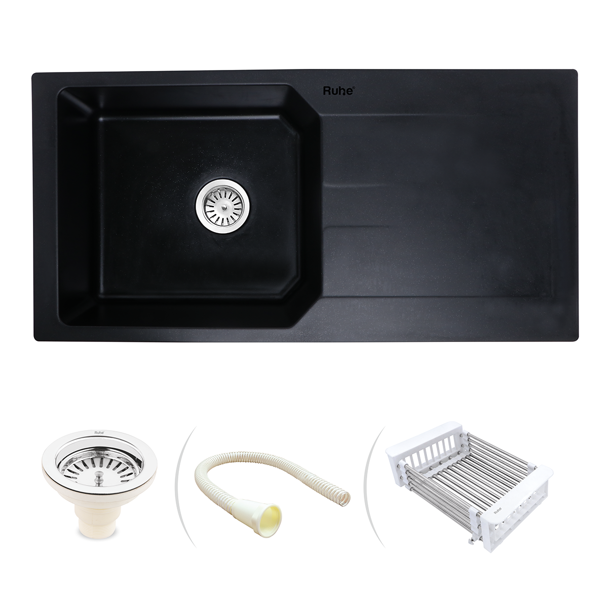 Quartz Single Bowl with Drainboard Kitchen Sink - Matte Black (39 x 20 x 9 inches) - by Ruhe®
