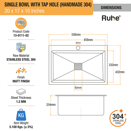 Handmade Single Bowl 304-Grade Kitchen Sink (20 x 17 x 10 Inches) with Tap Hole dimensions and sizes