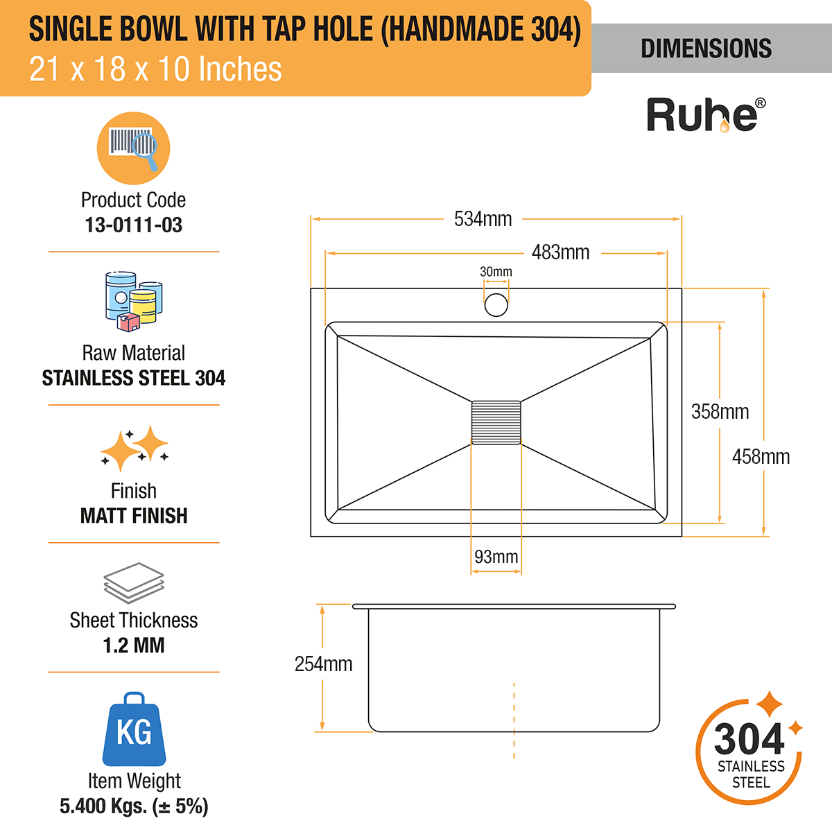 Handmade Single Bowl 304-Grade Kitchen Sink (21 x 18 x 10 Inches) with Tap Hole dimensions and sizes