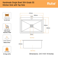Handmade 304-Grade Single Bowl Kitchen Sink with Tap Hole (24 x 18 x 10 Inches) – Matt Steel