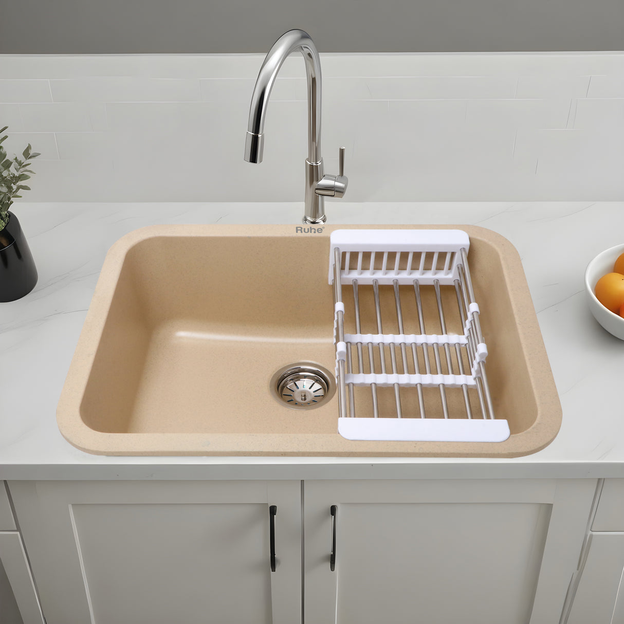 Quartz Single Bowl Kitchen Sink with Rounded Corners - Sand Choco (24 x 18 x 9)  - by Ruhe