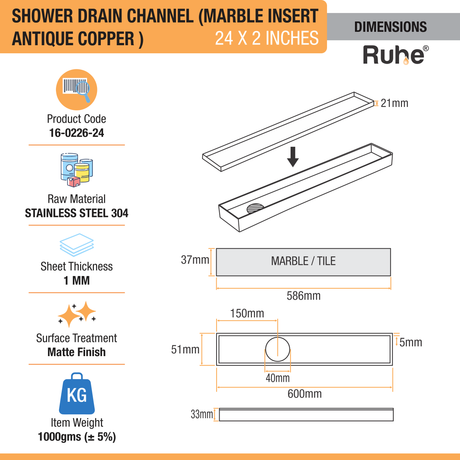 Marble Insert Shower Drain Channel (24 x 2 Inches) ROSE GOLD PVD Coated - by Ruhe®