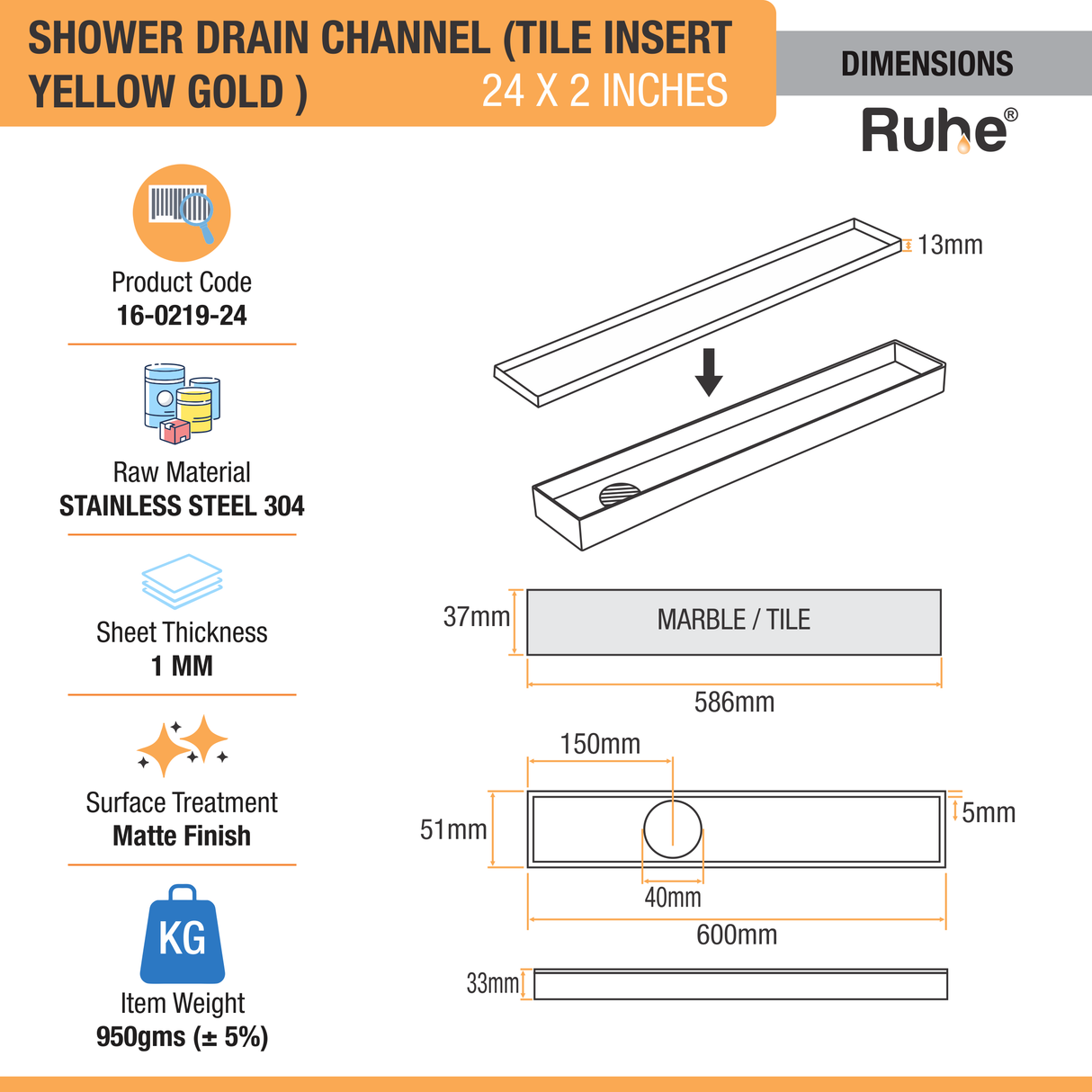 Tile Insert Shower Drain Channel (24 x 2 Inches) YELLOW GOLD PVD Coated - by Ruhe®