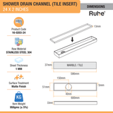 Tile Insert Shower Drain Channel (24 x 2 Inches) (304 Grade) - by Ruhe®