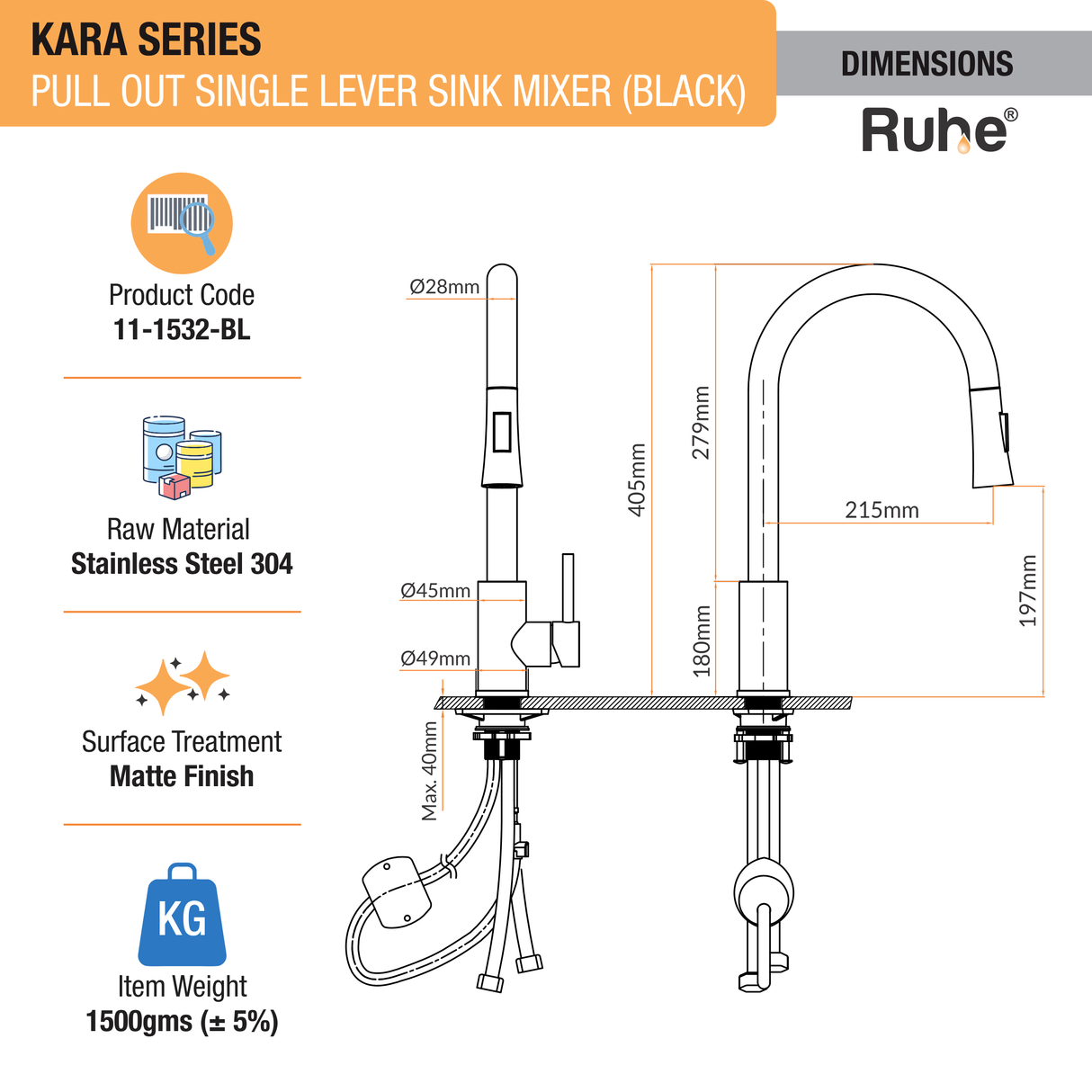 Kara Pull-out Kitchen Sink Mixer Tap with Dual Flow (Matte Black) 304-Grade SS - by Ruhe