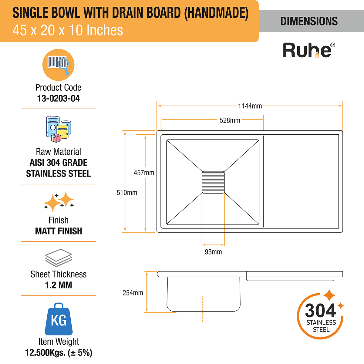 Handmade Single Bowl with Drainboard 304-Grade Kitchen Sink (45 x 20 x 10 Inches) dimensions and sizes