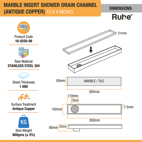 Marble Insert Shower Drain Channel (12 x 4 Inches) ROSE GOLD PVD Coated dimensions and sizes