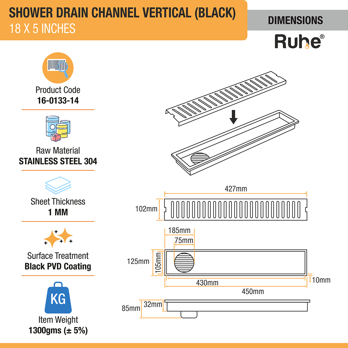 Vertical Shower Drain Channel (18 x 5 Inches) Black PVD Coated dimensions and sizes