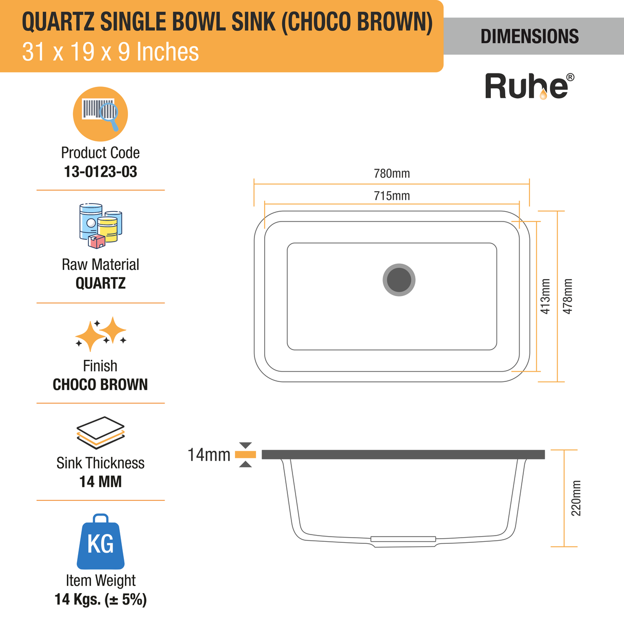 Choco Brown Quartz Single Bowl Kitchen Sink  (31 x 19 x 9 inches) - by Ruhe