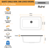 Choco Brown Quartz Single Bowl Kitchen Sink  (31 x 19 x 9 inches) - by Ruhe