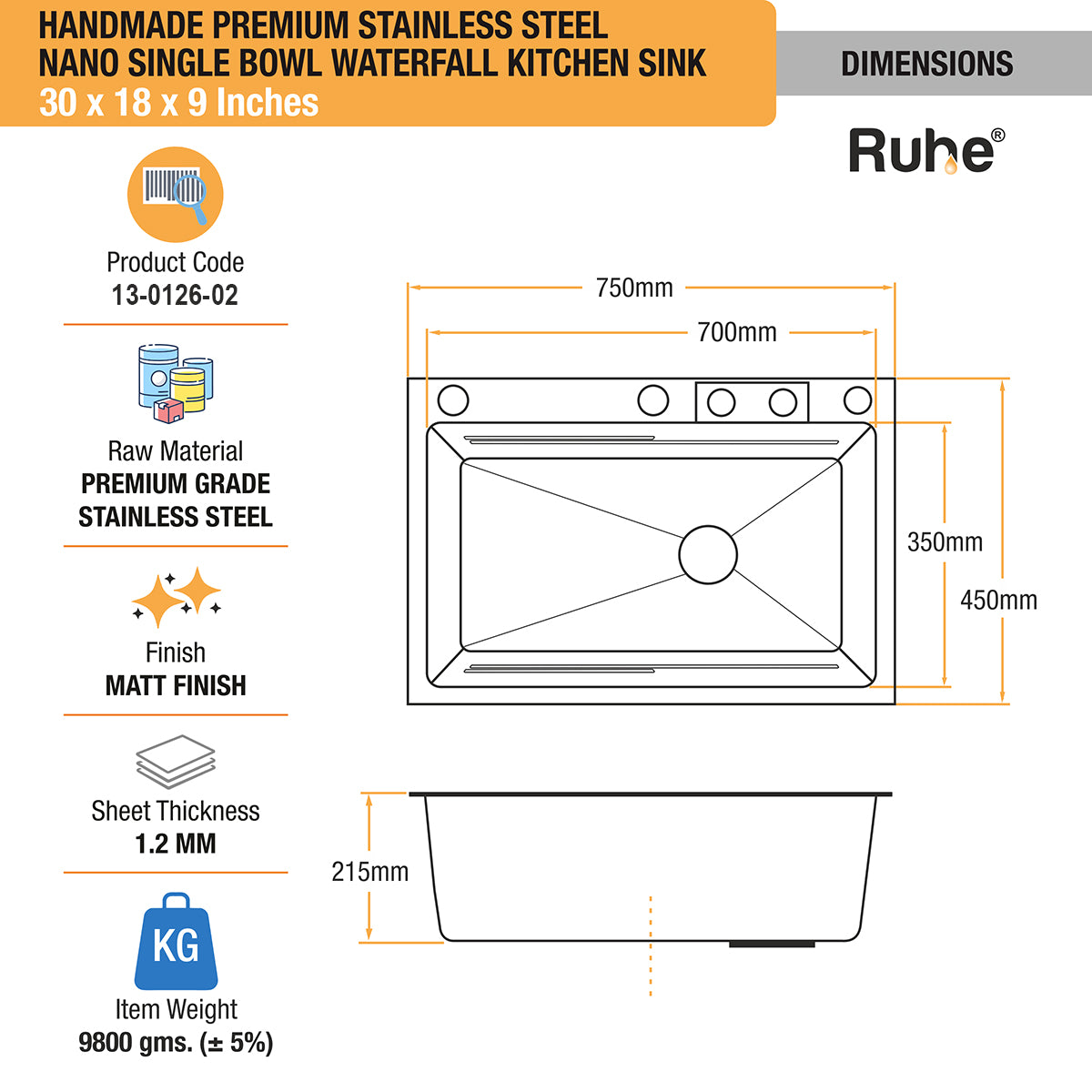 Handmade Premium Nano Kitchen Sink with Integrated Waterfall, Pull-Out & RO Faucet (30 x 18 x 9 Inches) - by Ruhe®