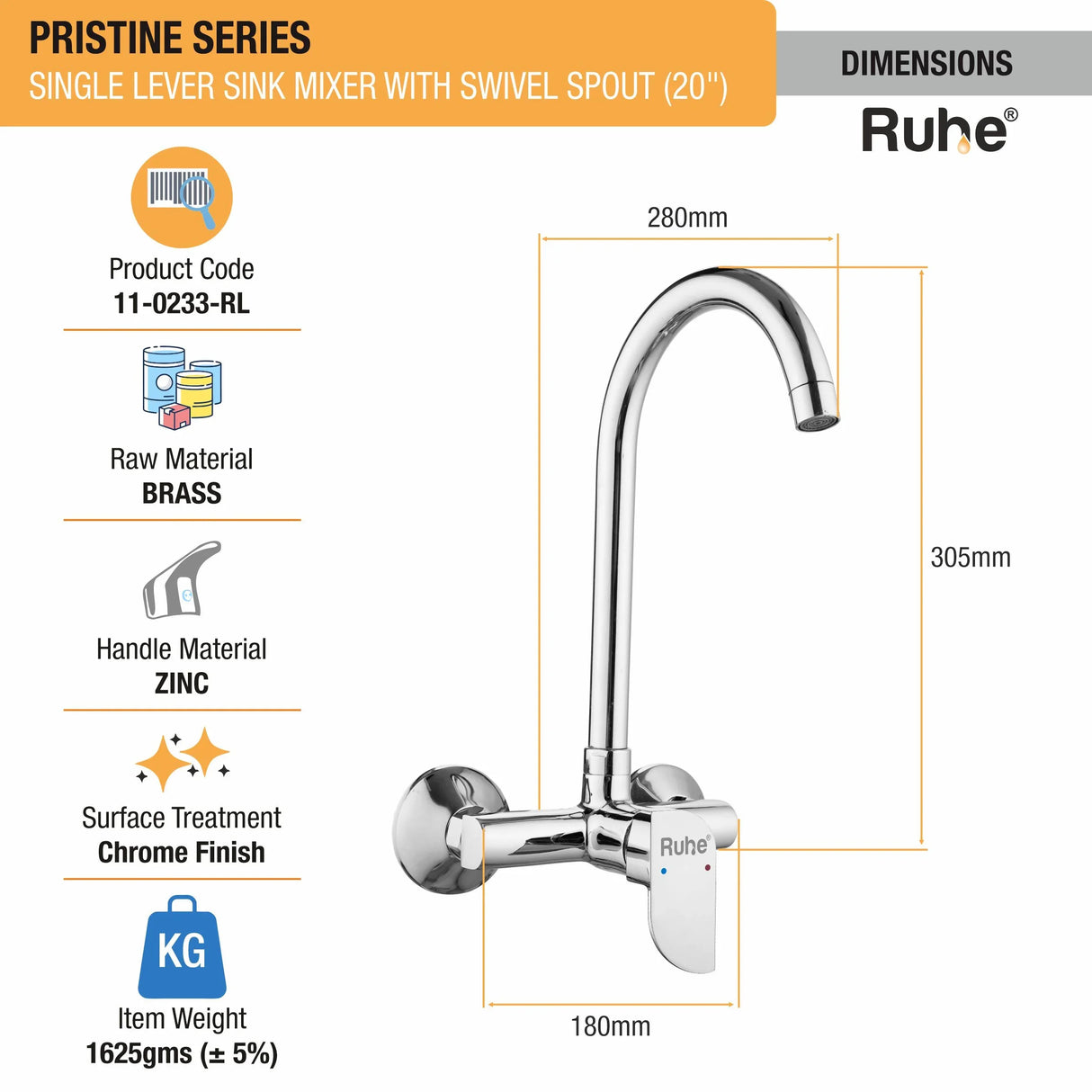Pristine Single Lever Wall-mount Kitchen Sink Mixer Tap with Swivel Spout