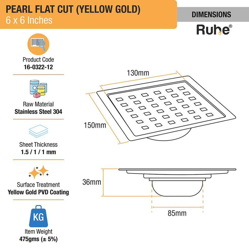 Pearl Square Flat Cut Floor Drain in Yellow Gold PVD Coating (6 x 6 Inches) - by Ruhe