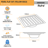 Pearl Square Flat Cut Floor Drain in Yellow Gold PVD Coating (6 x 6 Inches) dimensions and sizes