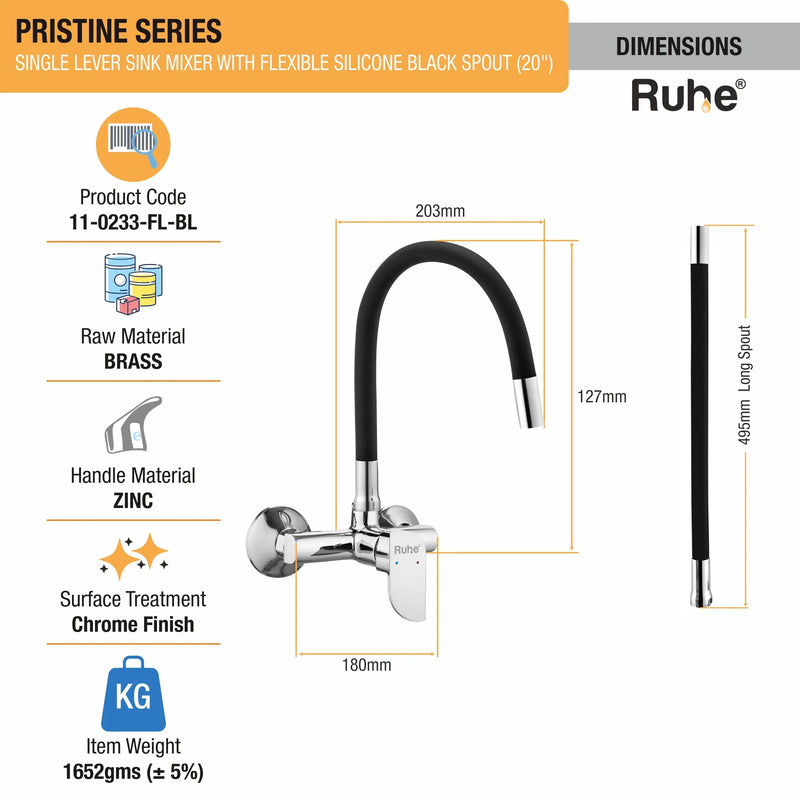 Pristine Single Lever Wall-mount Kitchen Sink Mixer Tap with Coloured Silicone Spout