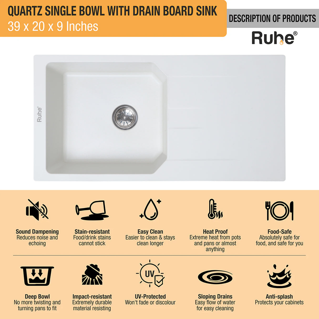 Quartz Single Bowl with Drainboard Kitchen Sink - Crystal White (39 x 20 x 9 inches) - by Ruhe®