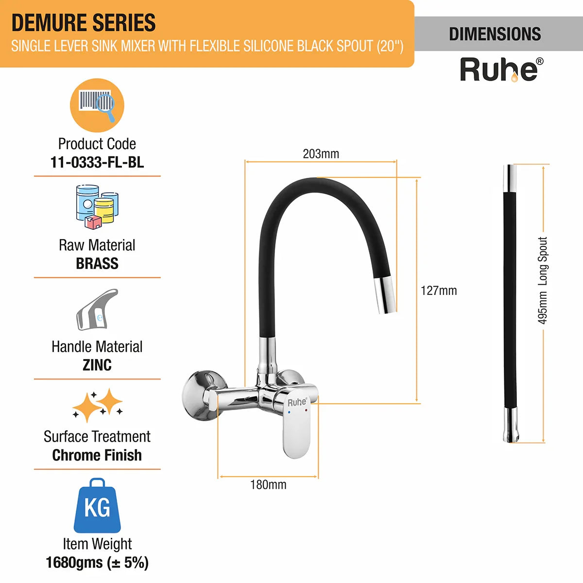 Demure Single Lever Wall-mount Kitchen Sink Mixer Tap with Coloured Silicone Spout