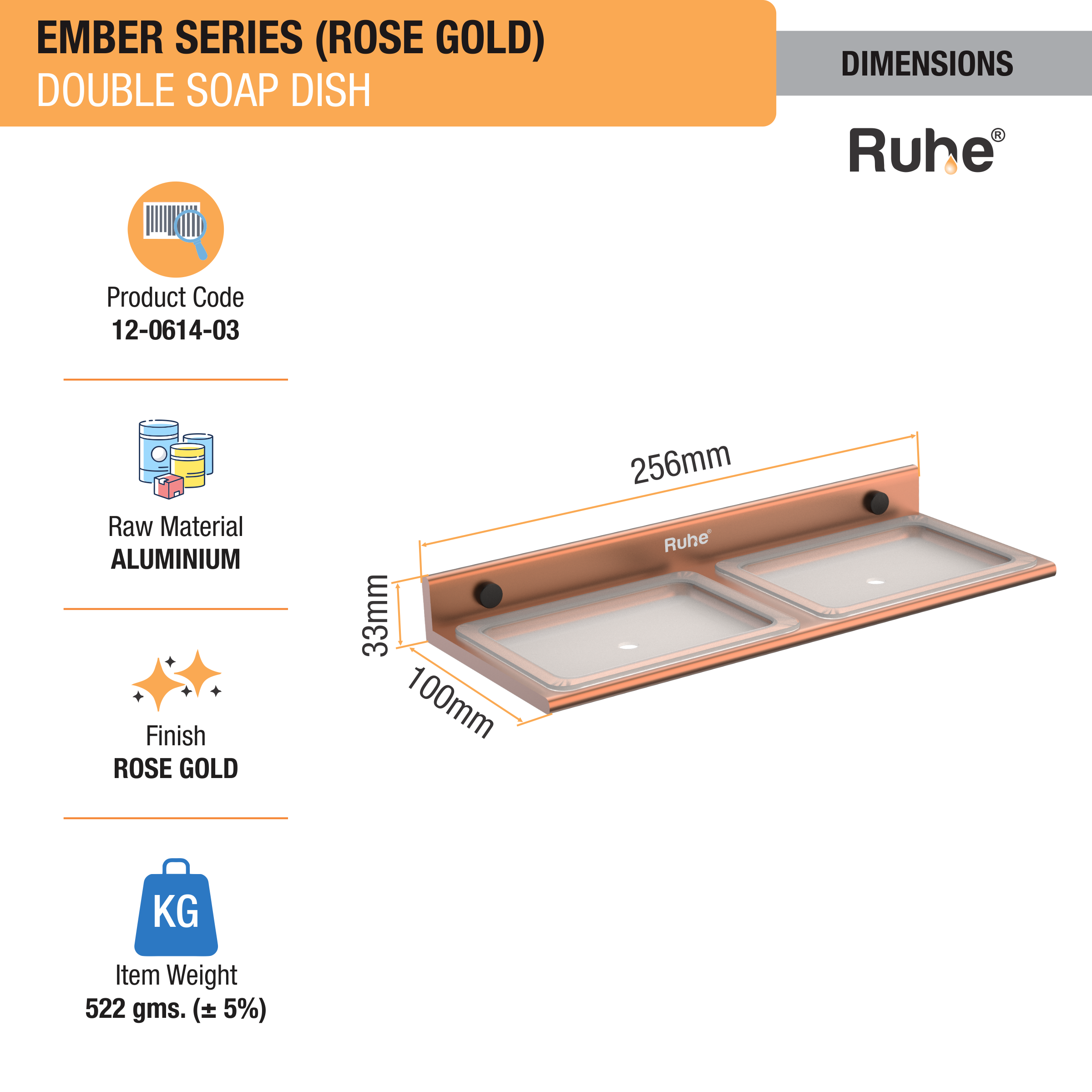 Ember Rose Gold Double Soap Dish (Space Aluminium) dimensions and sizes