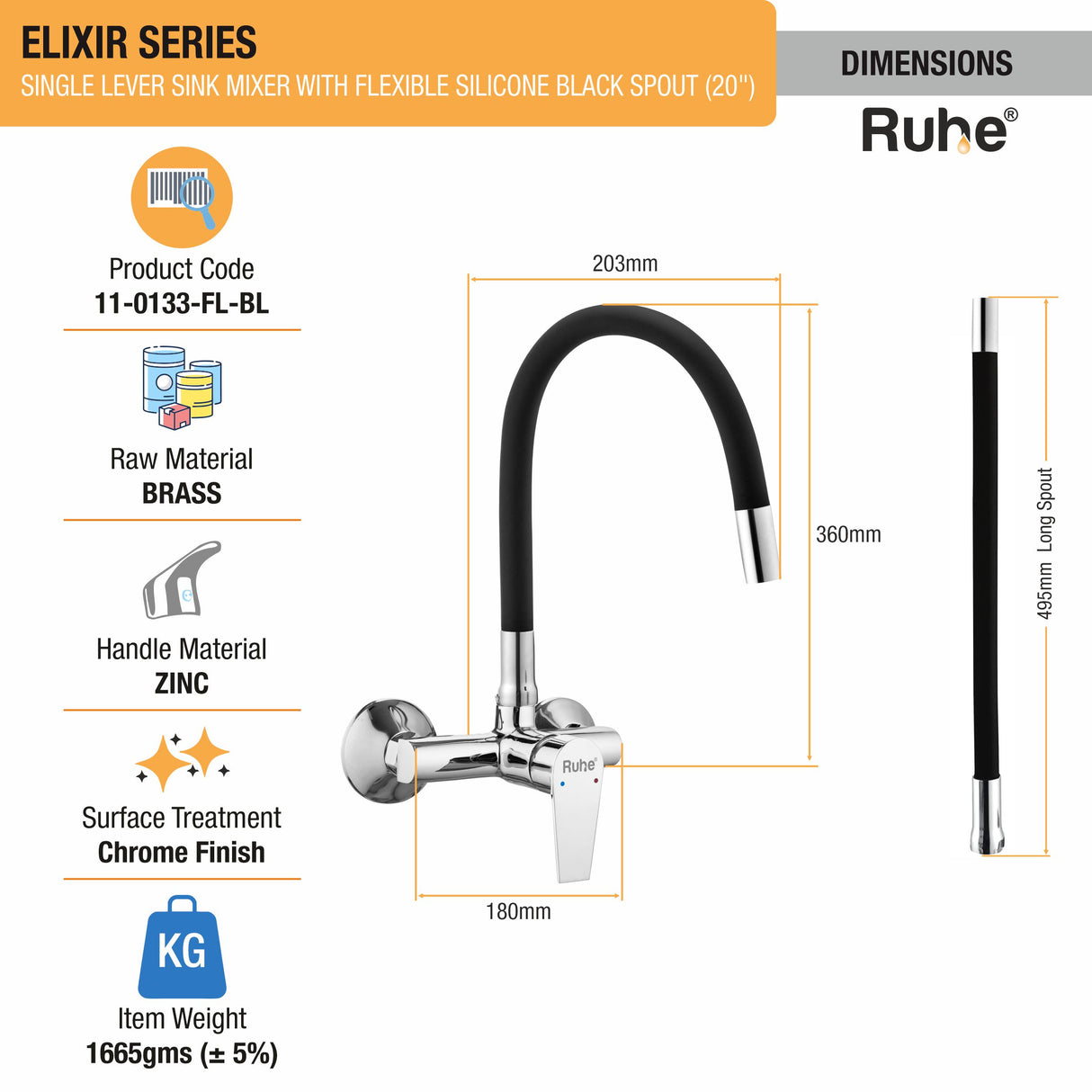 Elixir Single Lever Wall-mount Sink Mixer Brass Faucet with Black Silicone Spout - by Ruhe®