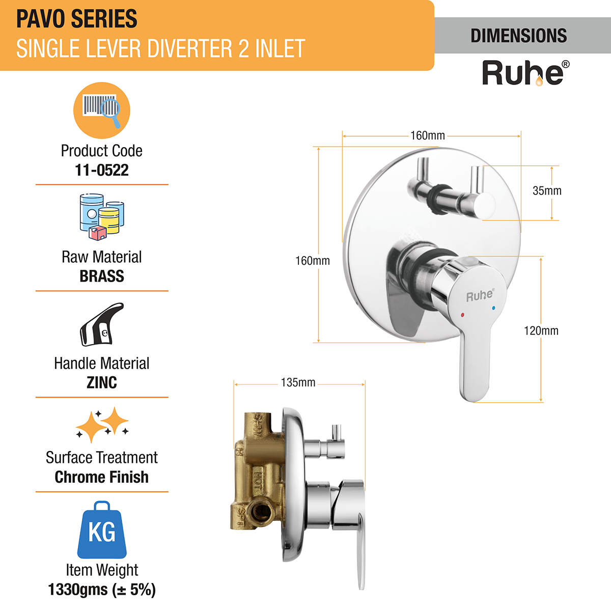 Pavo Single Lever 2-inlet Diverter (Complete Set) - by Ruhe®
