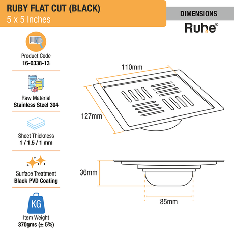 Ruby Square Flat Cut Floor Drain in Black PVD Coating (5 x 5 Inches) - by Ruhe