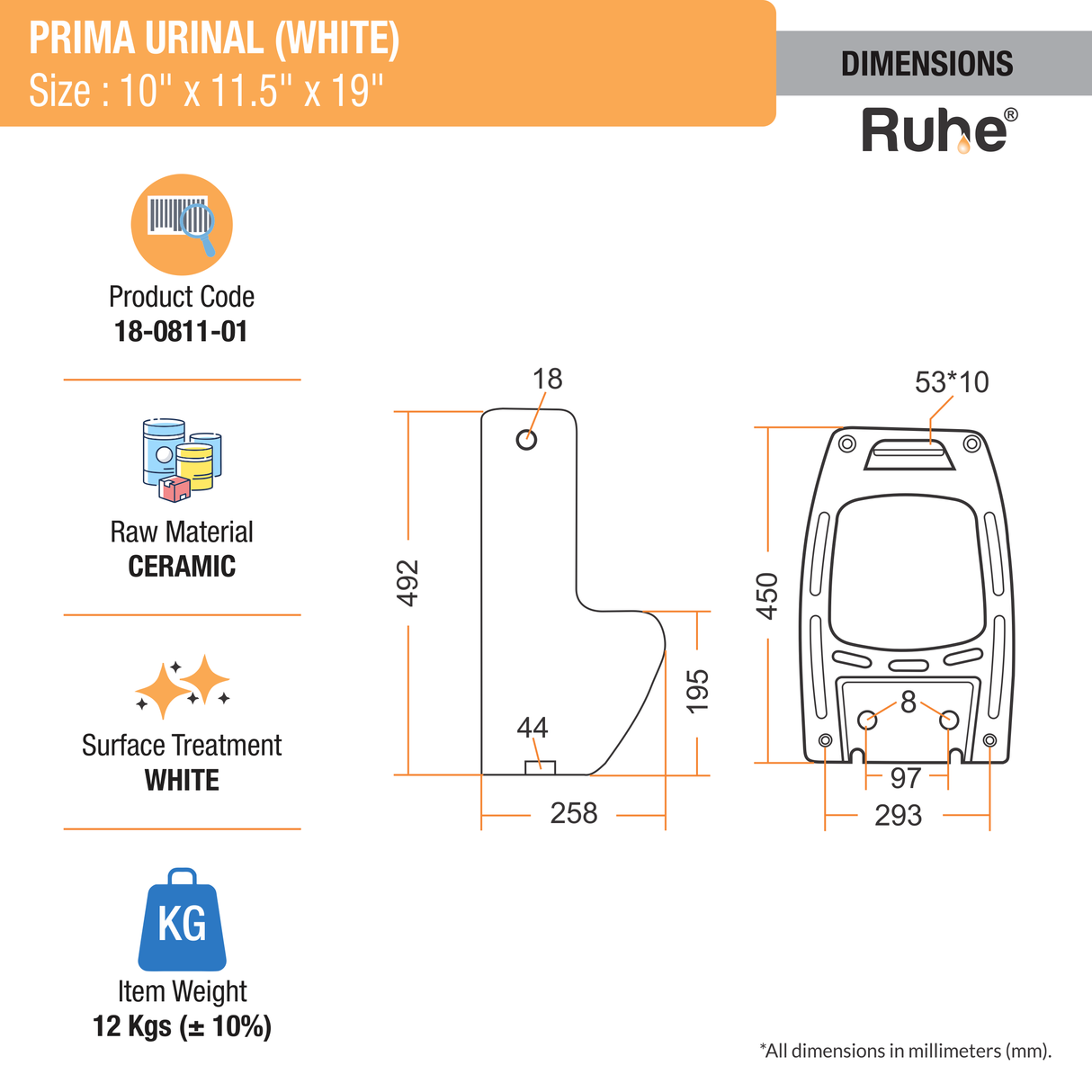 Prima Urinal (White) (Wall-hung) - by Ruhe