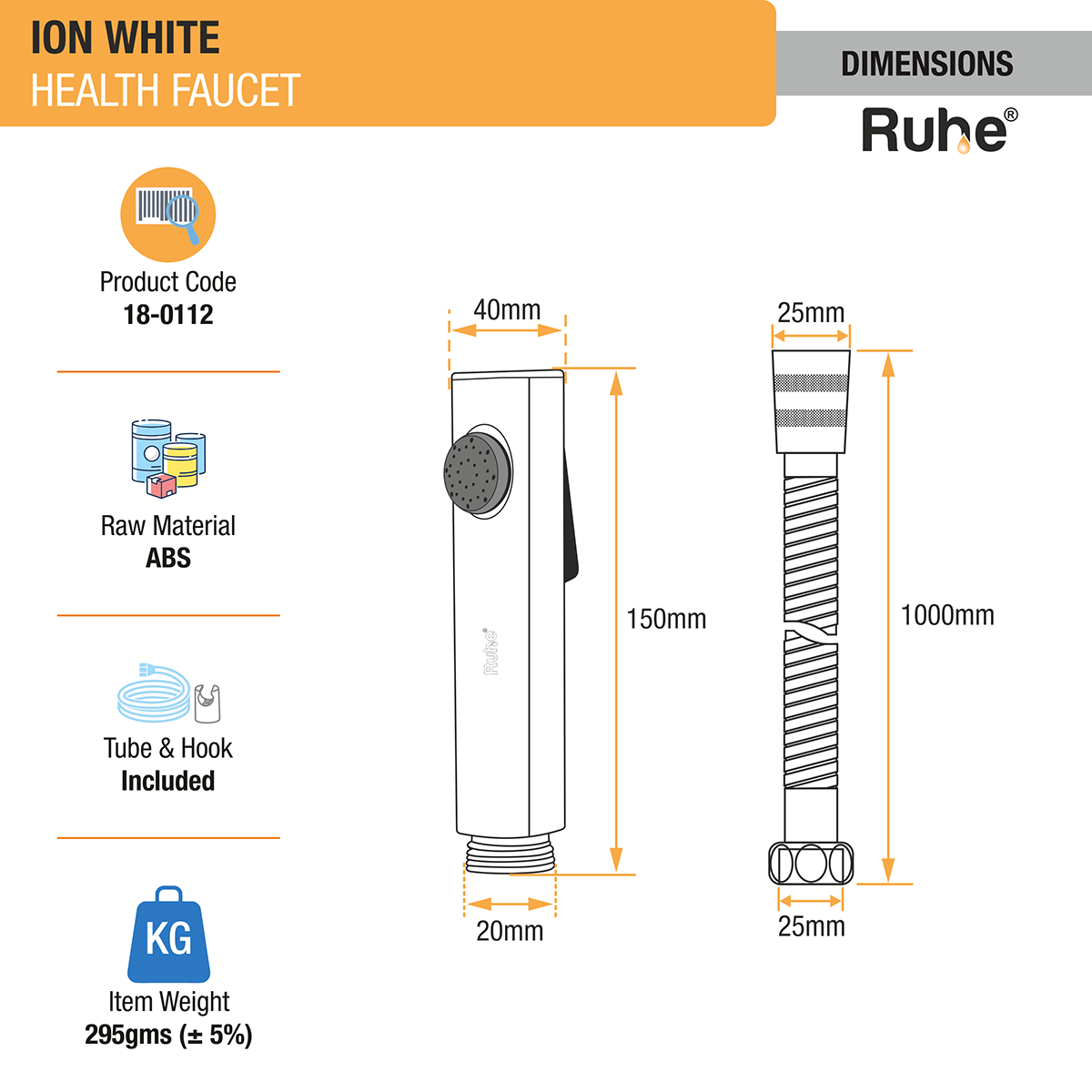 Ion White Health Faucet with Braided 1 Meter Flexible Hose (304 Grade) & Hook dimensions and sizes