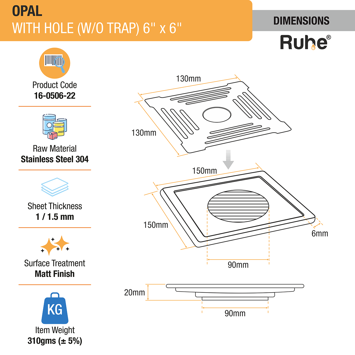 Opal Square 304-Grade Floor Drain with Hole (6 x 6 Inches) - by Ruhe