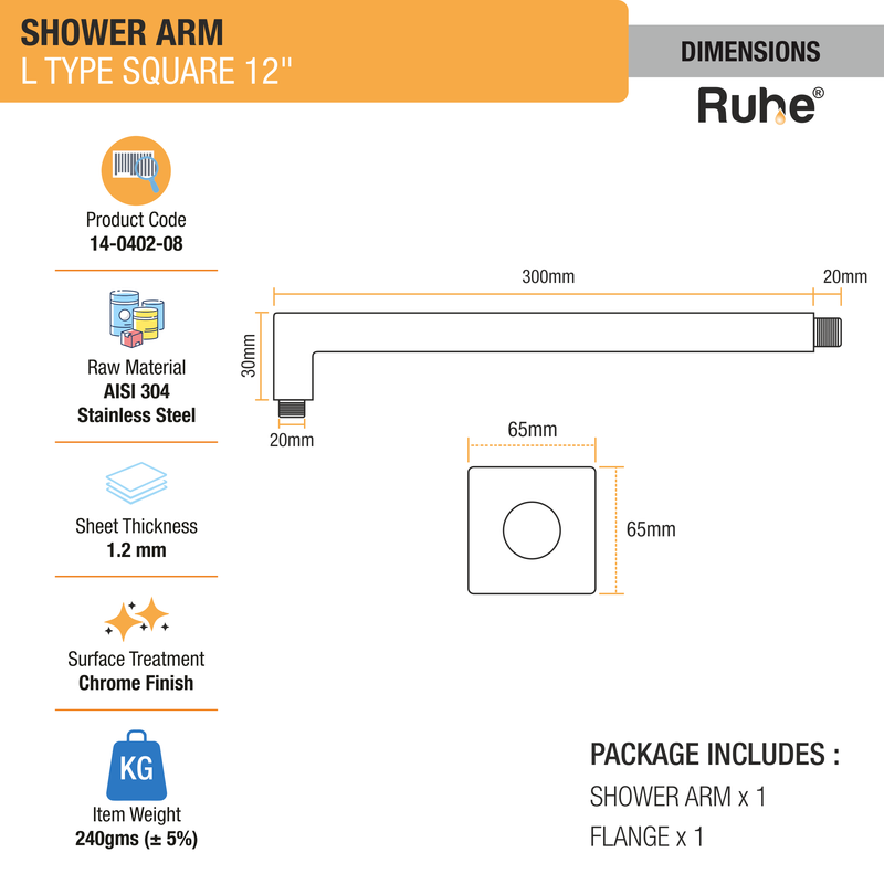 L-Type Square Shower Arm (304-Grade Stainless Steel)