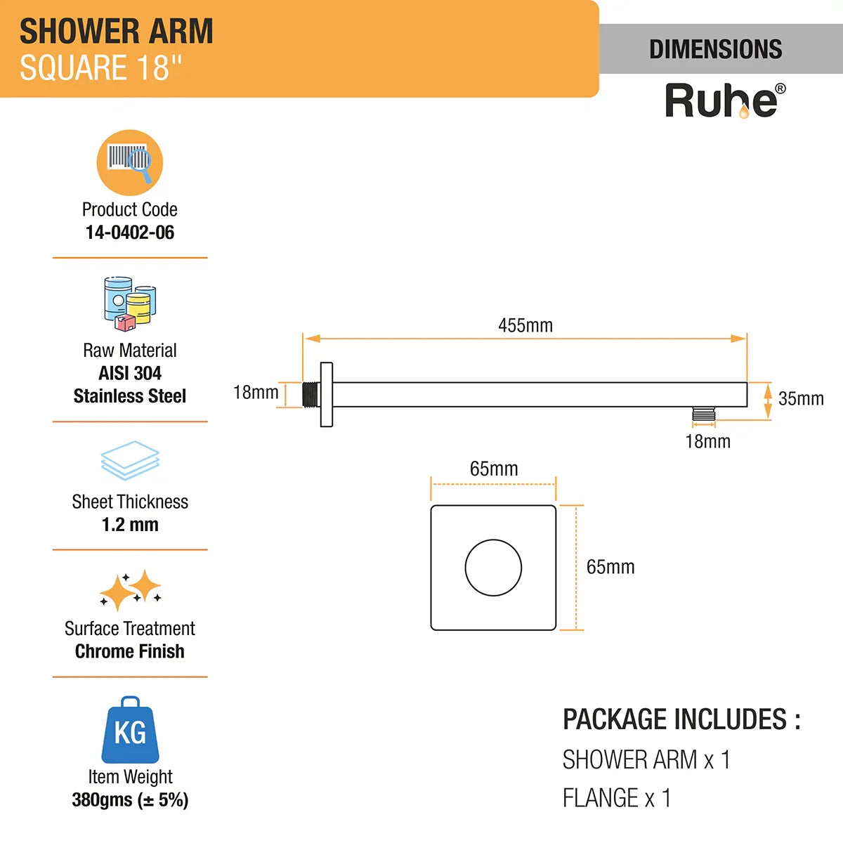 Square 304-Grade Shower Arm